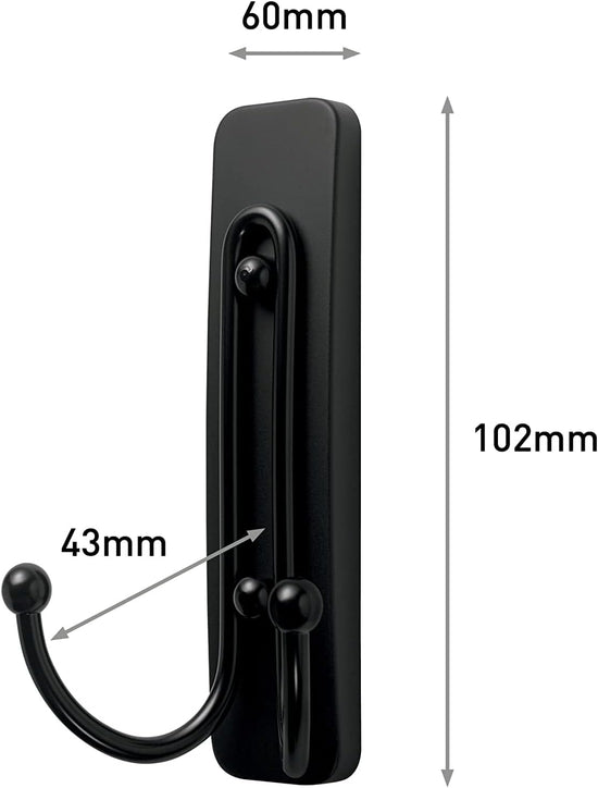 Large Wall Hooks with Adhesive Strips, No Tools, Damage Free Plastic Double Hooks for Hanging Decorations in Living Spaces, Black, 2 Hooks and 2  Strips
