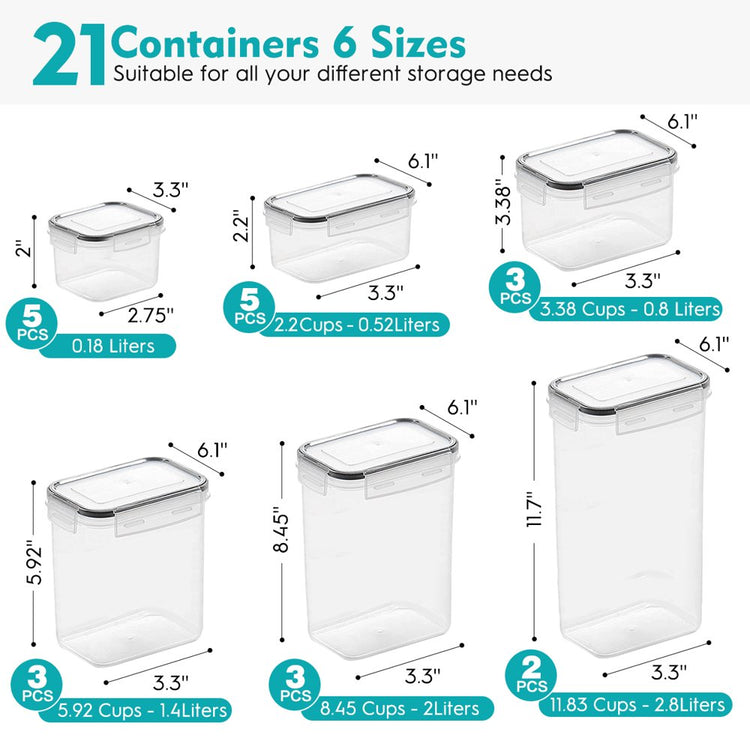 Airtight Food Storage Container Set, 21 Pcs Food Canisters for Kitchen, Pantry Organization and Storage, Plastic Cereal Container with Easy Lock Lids, Labels, Marker & Spoon Set