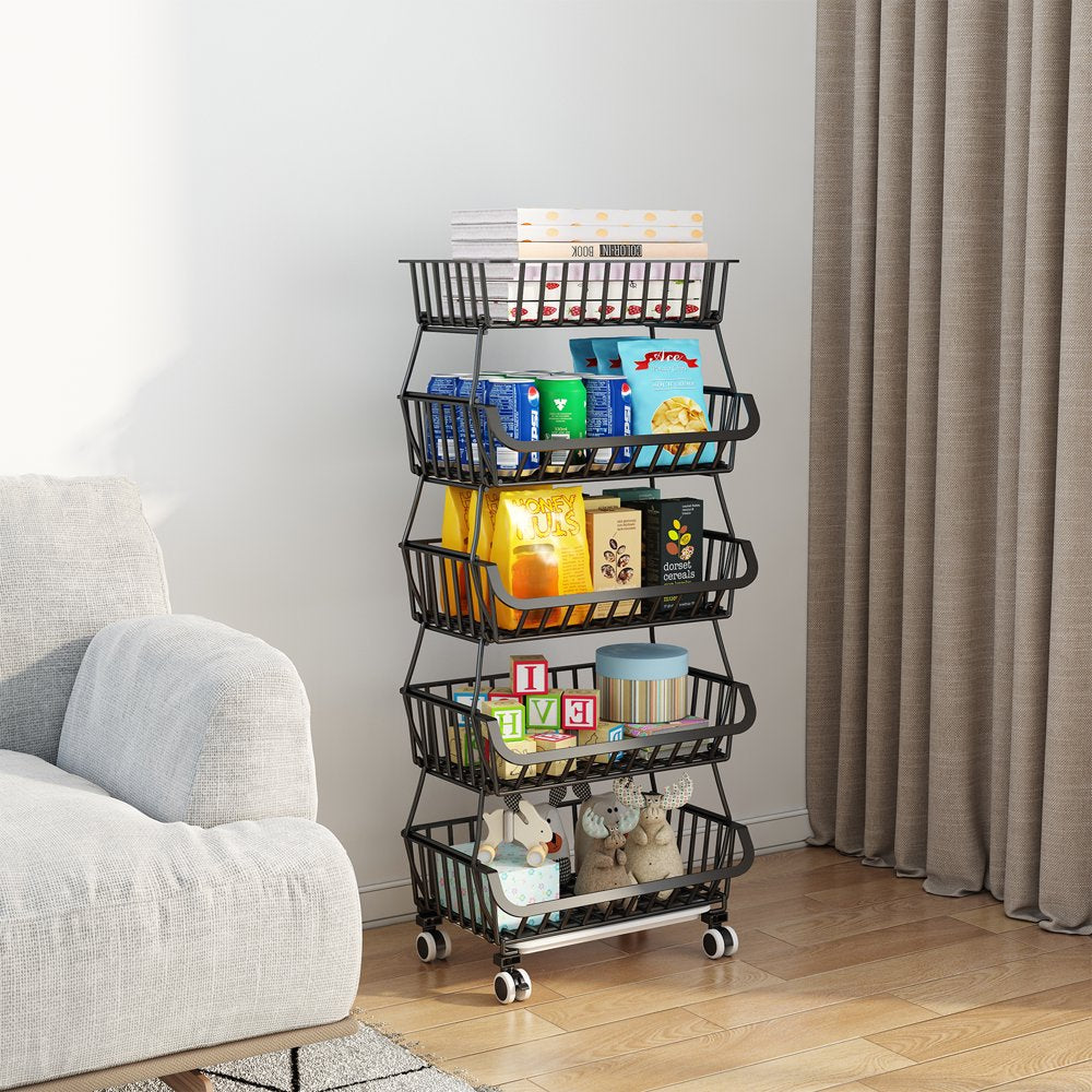 5 Tier Fruit Vegetable Basket for Kitchen, Fruit Vegetable Storage Cart, Vegetable Basket Bins for Onions and Potatoes, Wire Storage Basket Organizer Utility Cart with Wheels, Black
