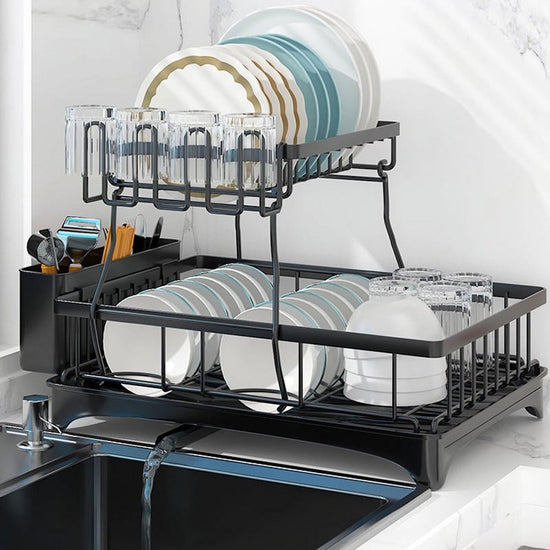 Dish Drying Rack for Kitchen Counter with Drainboard, Detachable Stainless Steel 2 Tier Large Dish Racks Drainer Sink Organizer with Utensils Holder and Cup Holder, Black