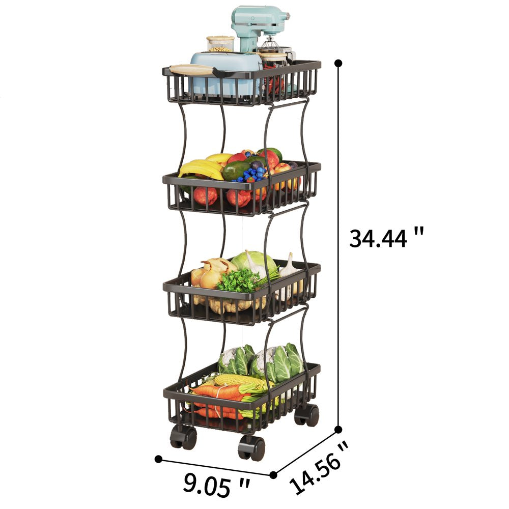 4 Tier Fruit Vegetable Basket for Kitchen, Fruit Vegetable Storage Cart, Vegetable Basket Bins, Wire Storage Basket Organizer Utility Cart with Wheels, Medium, Black