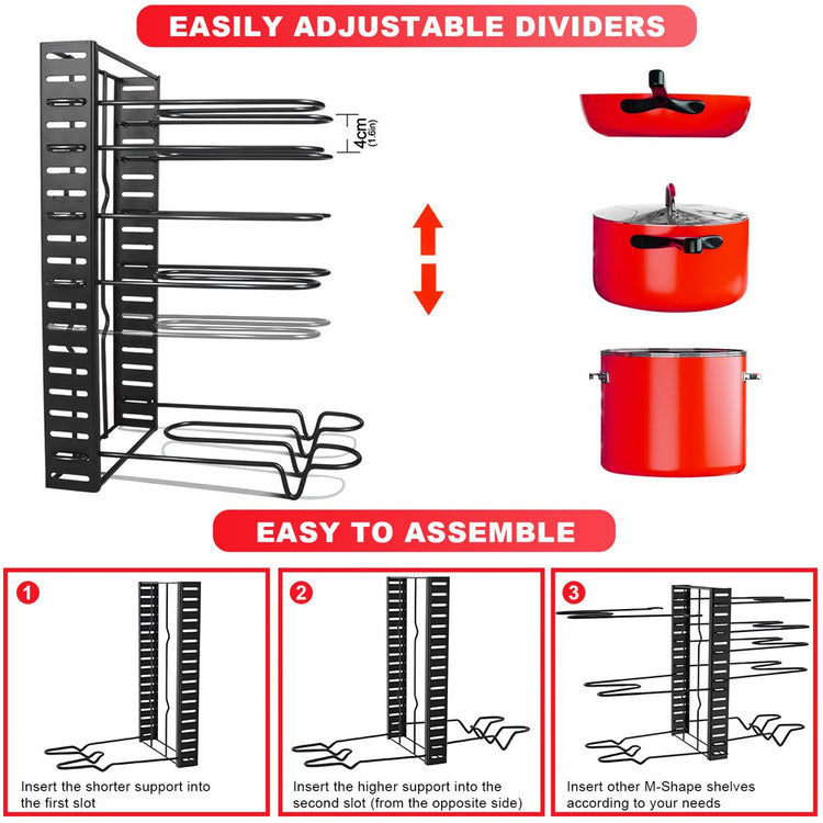 Pot Rack Organizer 8-Tier Pot and Pan Organizer with 4 Hooks Suitable for Kitchen, Black