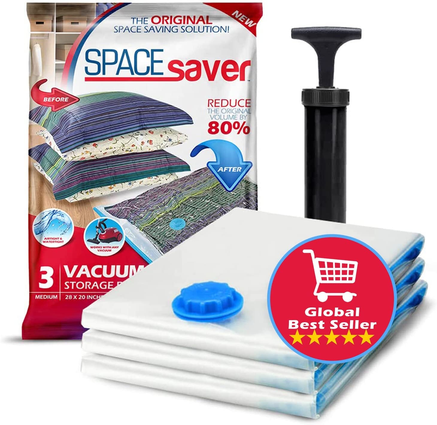Vacuum Storage Bags - Clothes Storage Bag Vacuum Pack - Space Saver Vacuum Storage Bags for Clothes Storage, Vacuum Bags for Bedding - Vacuum Bags for Clothes - with Pump (MEDIUM 3-Pack)