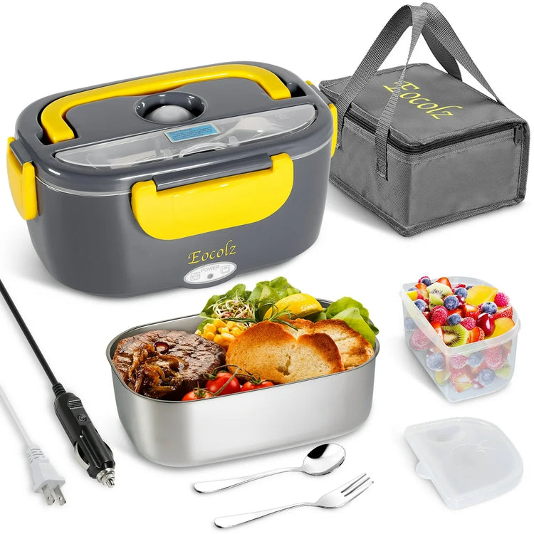 Electric Lunch Box 60W Food Heater Warmer, Eocolz 2 in 1 Portable Lunch Box for Car Truck Home Work Leak Proof with 1.5L Removable 304 Stainless Steel Container & Spoon 2 Compartments 110V 12V 24V