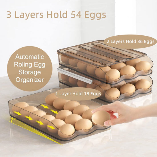 Large Capacity Auto Rolling Egg Holder for Refrigerator, Egg Fresh Storage Box for Fridge, Egg Storage Container Organizer Bin, Crystal Gray Plastic Storage Container (1 Layer)