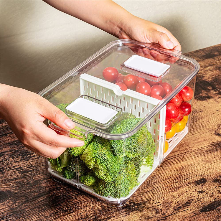 Produce Saver Fruit Container, Fridge Food Storage Containers Stackable Refrigerator Organizer Fresh Keeper Foldable Lid with Removable Drain Tray for Fruits, Veggie Set of 2