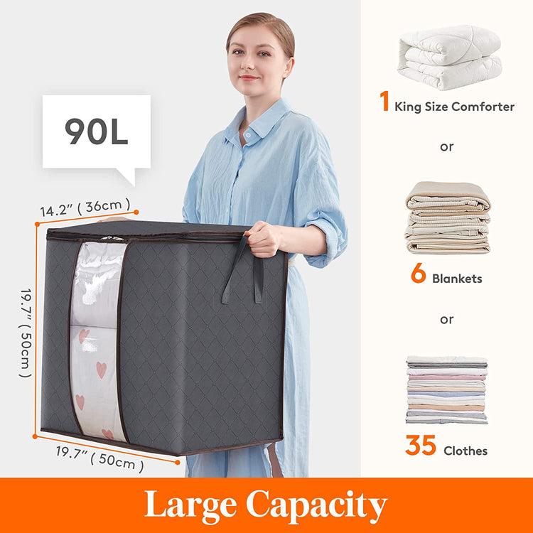 Clothes Storage Bag 90L Large Capacity Organizer with Reinforced Handle Thick Fabric for Comforters, Blankets, Bedding, Foldable with Sturdy Zipper, Clear Window, 3 Pack, Grey