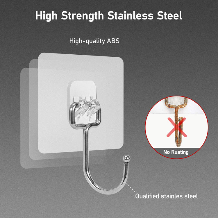 Large Adhesive Hooks 22Ib(Max), Waterproof and Rustproof Wall Hooks for Hanging Heavy Duty, Stainless Steel Towel and Coats Hooks to Use inside Kitchen, Bathroom, Home and Office, 8Pack