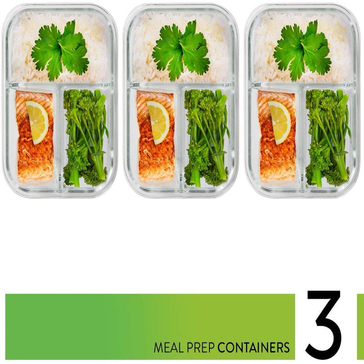 - Glass Food Storage Containers - Meal Prep Container - 3 Packs, 3 Compartments, 34 Oz