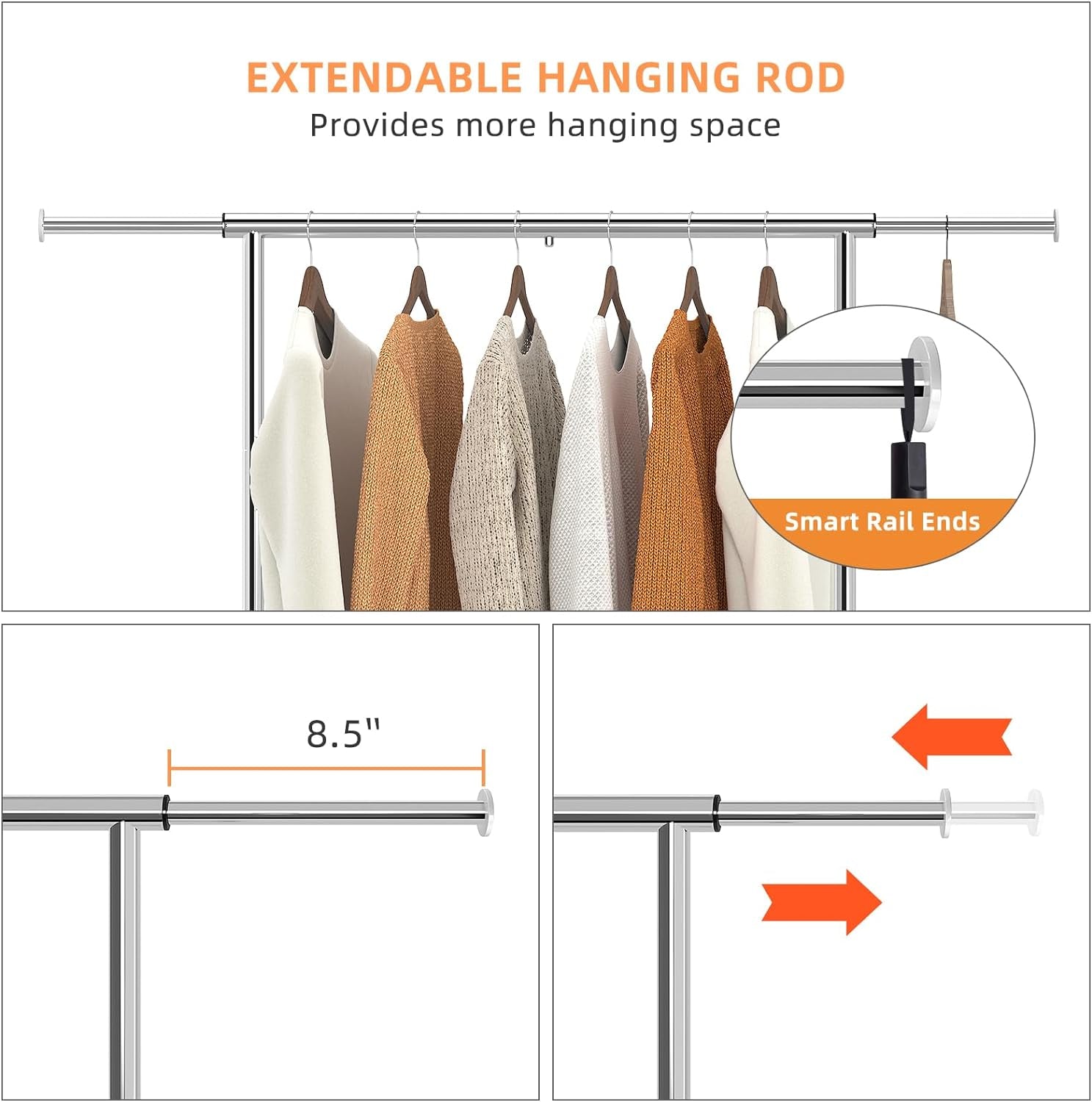 Standard Clothing Garment Rack, Rolling Clothes Organizer with Wheels and Bottom Shelves, Extendable, Chrome