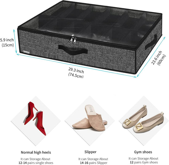 Sturdy under Bed Shoe Storage Organizer, Set of 2, Fits Total 24 Pairs, Underbed Shoes Closet Storage Solution with Clear Window, Breathable, 29.3"X23.6"X5.9", Linen-Like Black, MXAUBSB2P
