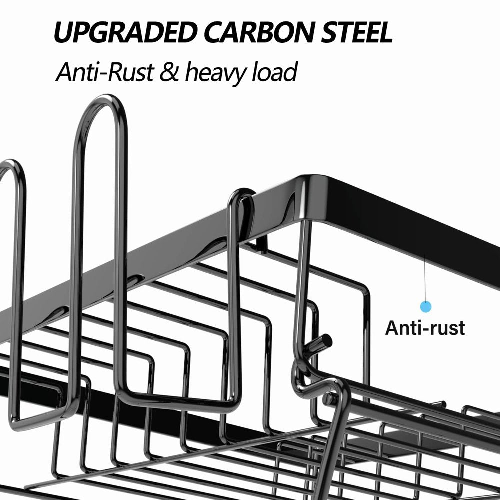 Dish Drying Rack for Kitchen Counter with Drainboard, Detachable Stainless Steel 2 Tier Large Dish Racks Drainer Sink Organizer with Utensils Holder and Cup Holder, Black