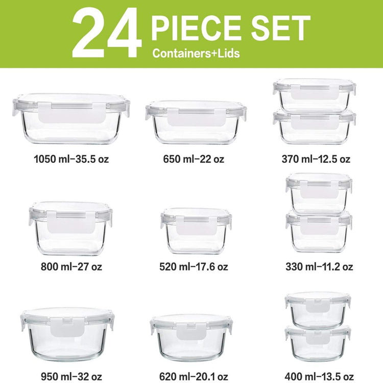 12-Pack Glass Meal Prep Containers, Glass Food Storage Containers with Locking Lids - Microwave, Oven and Freezer Friendly