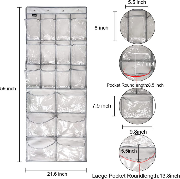 2 Pack Extra Large Hanging Crystal Clear over Door Shoe Organizers,Closet Shoe Organizer Shoe Rack Organizer Shoe Storage,12+6Pockets,8+8Hooks,Grey (59"X 21.6")