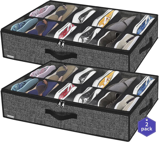 Sturdy under Bed Shoe Storage Organizer, Set of 2, Fits Total 24 Pairs, Underbed Shoes Closet Storage Solution with Clear Window, Breathable, 29.3"X23.6"X5.9", Linen-Like Black, MXAUBSB2P