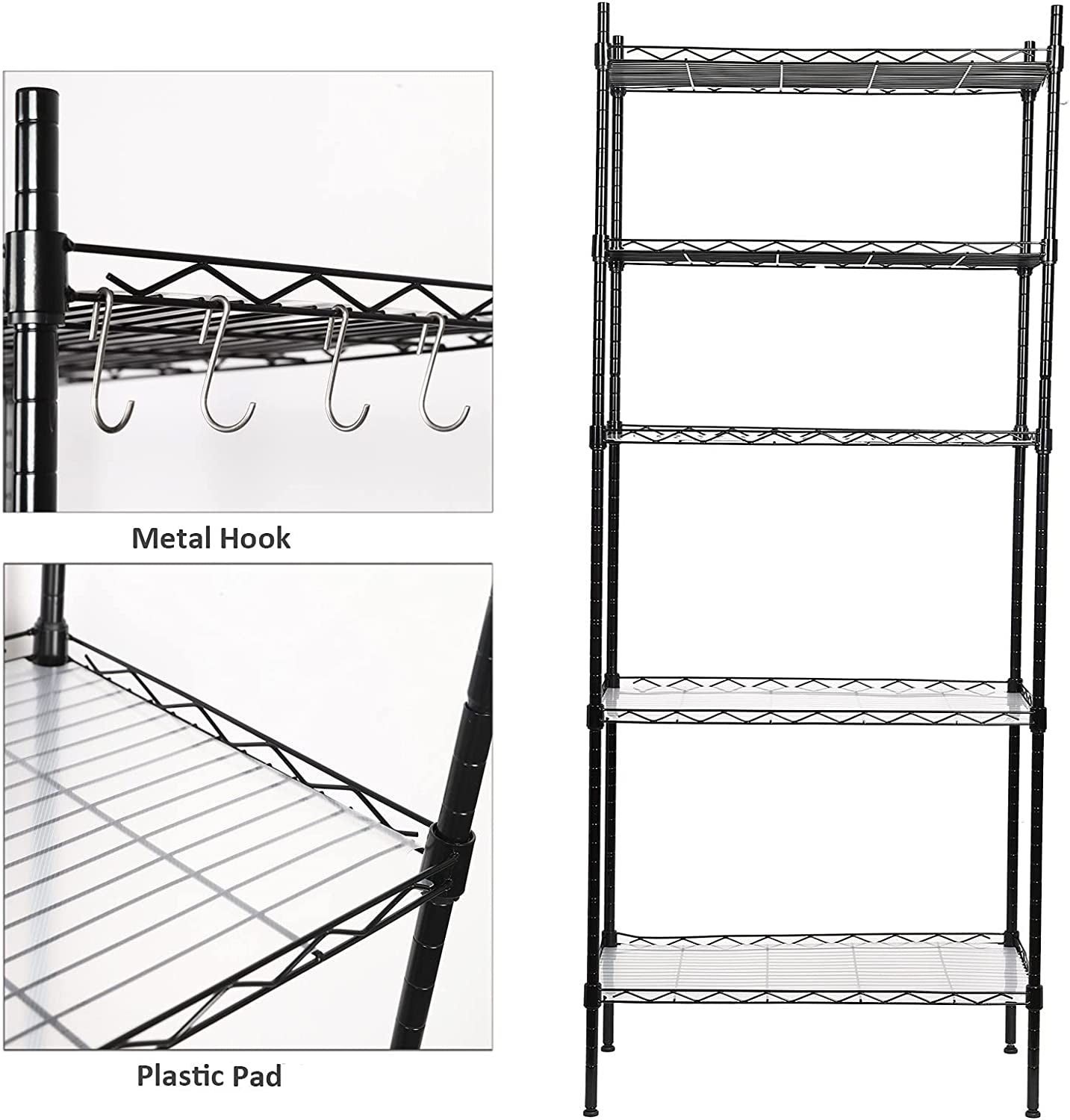 5-Shelf Adjustable Wire Shelving Unit, Pantry Shelves Metal Storage Racks Utility Racks, Height Household Type Heavy Duty Storage Shelving for Kitchen, Bedroom, Bathroom and Garage, Black (5-Tier)