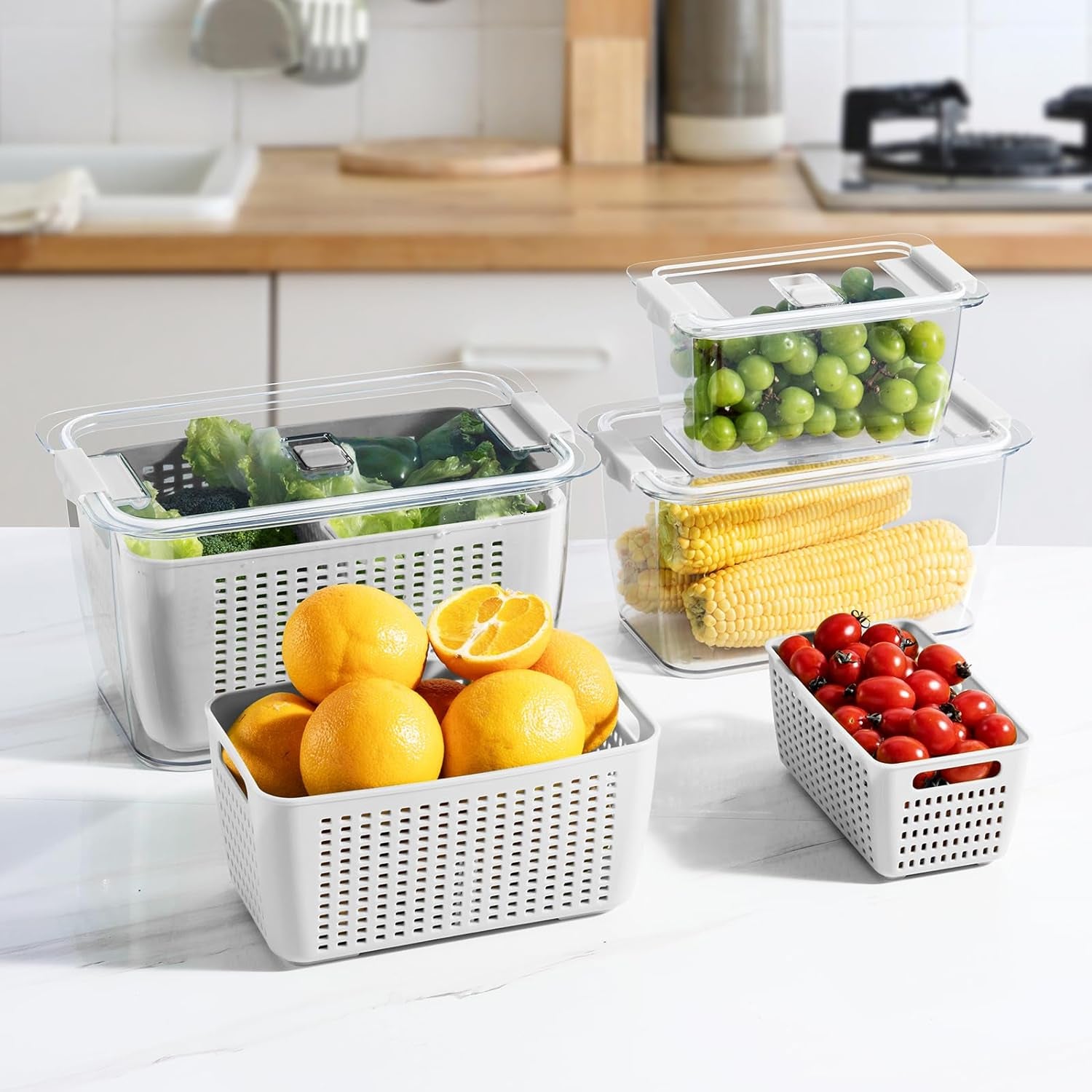 Fresh Container, 3PACK Produce Saver Container BPA Free Fridge Organizer for Vegetable Fruit and Salad Partitioned Food Storage Container with Vents Stay Fresh Containers Not Dishwashers Safe