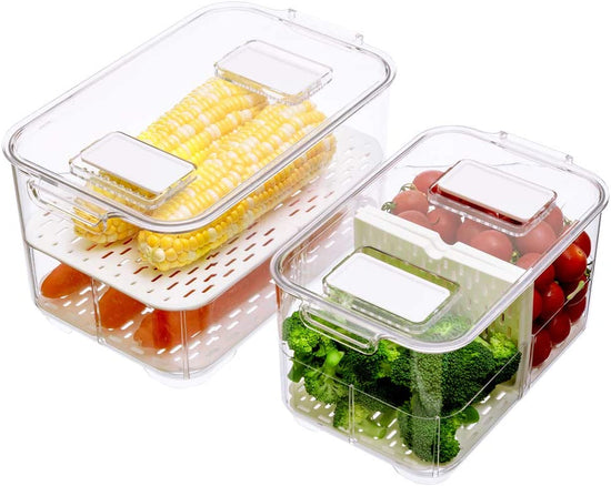 Produce Saver Fruit Container, Fridge Food Storage Containers Stackable Refrigerator Organizer Fresh Keeper Foldable Lid with Removable Drain Tray for Fruits, Veggie Set of 2