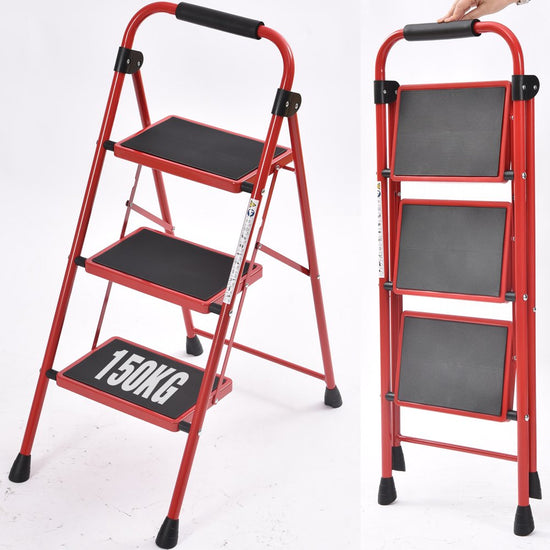 3-Step Household Folding Steel Step Stool with Armrests, 225 Lbs Capacity (Red)