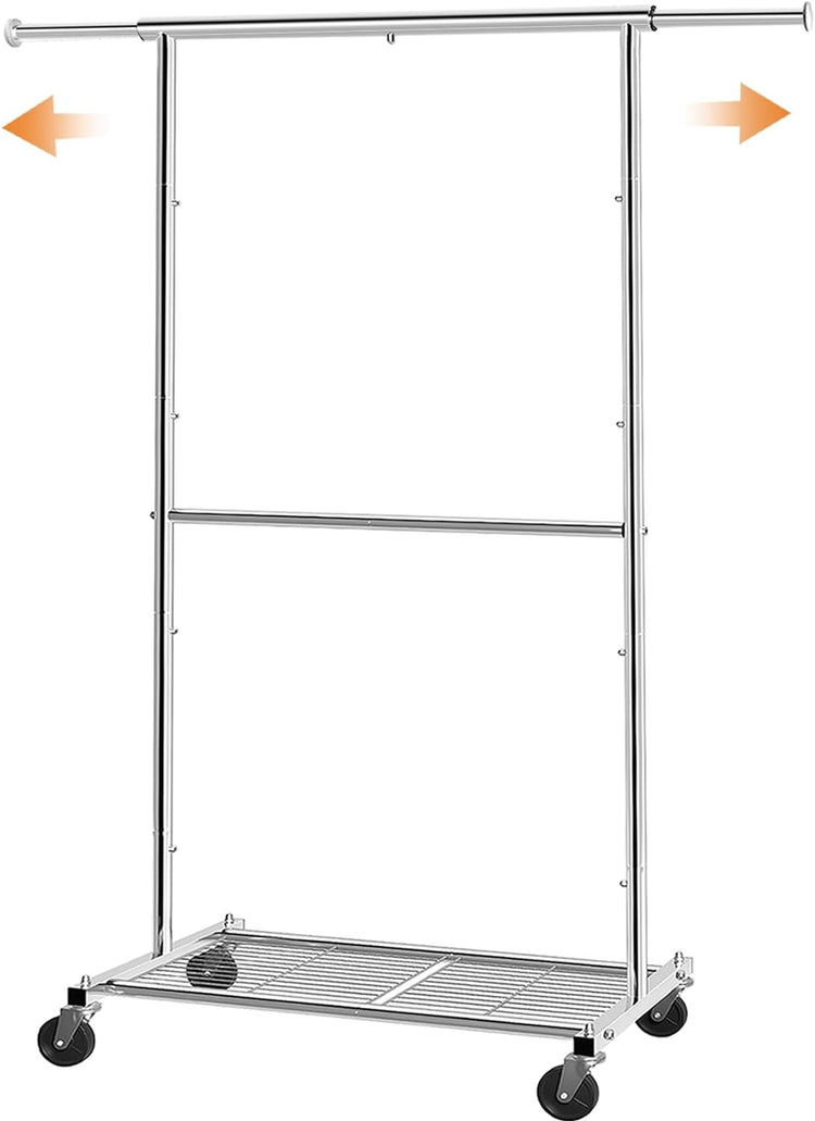 Standard Clothing Garment Rack, Rolling Clothes Organizer with Wheels and Bottom Shelves, Extendable, Chrome