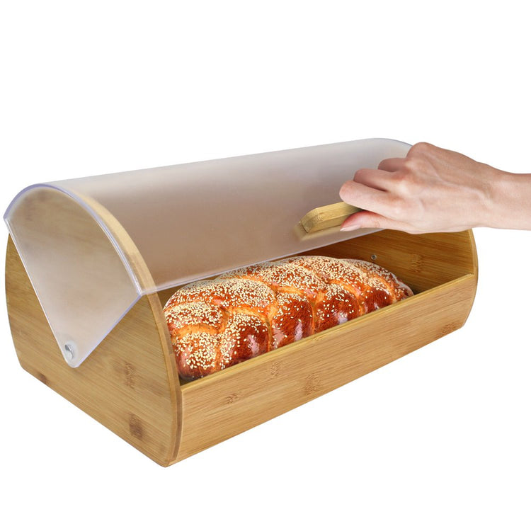 Bamboo Bread Box, Large Storage, Acrylic Easy Glide Cover with Handle, Polished Brown