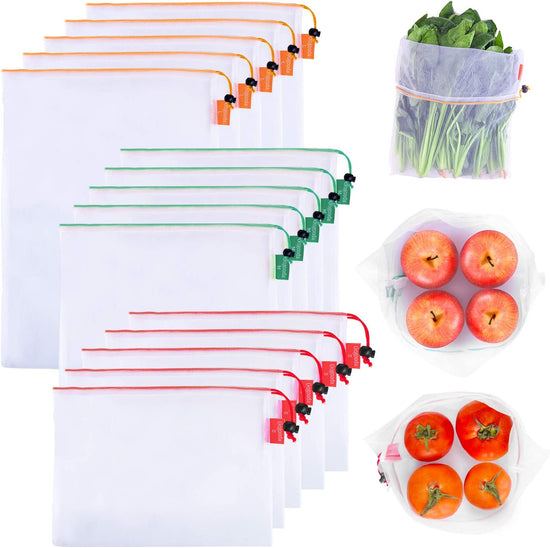 Reusable Produce Bags Set of 15 Mesh Produce Bags 3 Size Washable and See-Through Grocery Bags, with Colorful Tare Weight Tags,5 Small 5 Medium & 5 Large