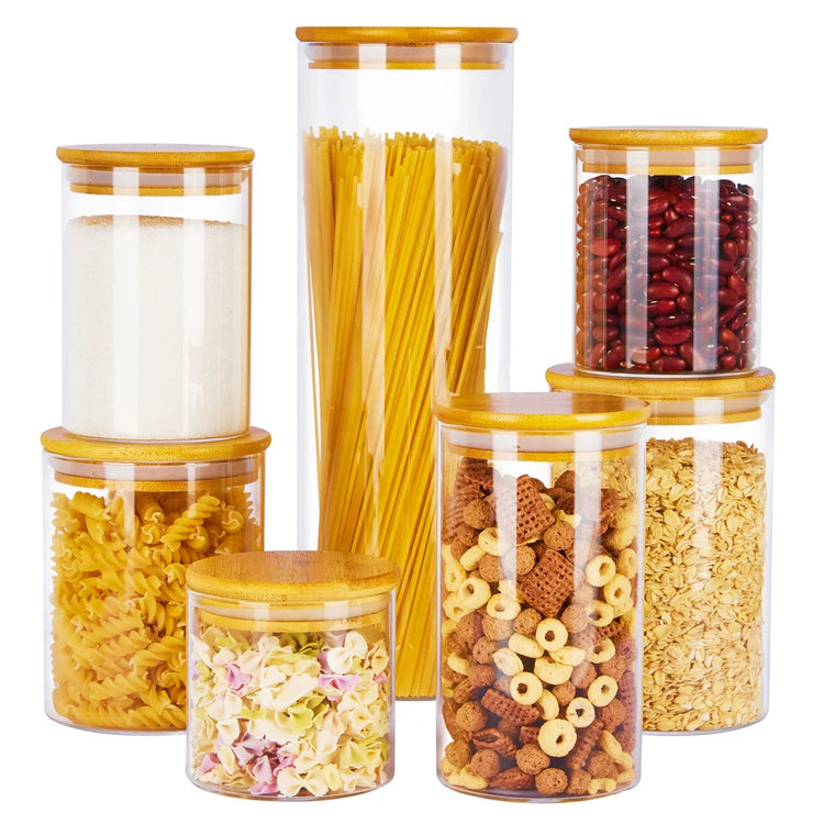7 PACK Glass Jar with Bamboo Lids, Glass Food Storage Canister Set, for Kitchen, Pantry Organization