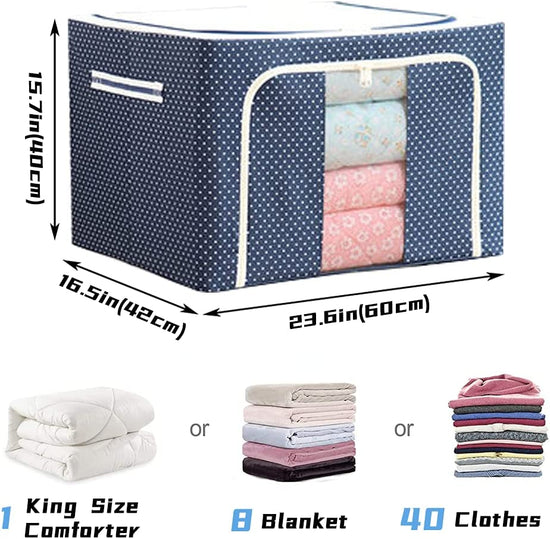 Clothes Storage Bag 100L Large Capacity Organizer with Reinforced Handle Thick Fabric for Comforters, Iron Bracket，Blankets, Bedding, Foldable with Sturdy Zipper, Clear Window,Blue (100L, 3 Pack)