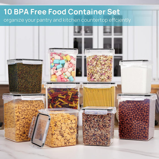 10 PCS Flour and Sugar Storage Container, Large Airtight Food Storage Containers with Lids for Kitchen, Pantry Organization and Storage, BPA Free, Black