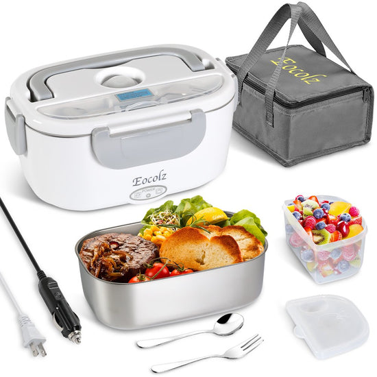 Electric Lunch Box 60W Food Heater Warmer, Eocolz 2 in 1 Portable Lunch Box for Car Truck Home Work Leak Proof with 1.5L Removable 304 Stainless Steel Container & Spoon 2 Compartments 110V 12V 24V