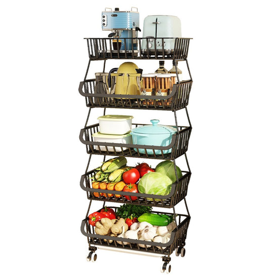 5 Tier Fruit Vegetable Basket for Kitchen, Fruit Vegetable Storage Cart, Vegetable Basket Bins for Onions and Potatoes, Wire Storage Basket Organizer Utility Cart with Wheels, Black