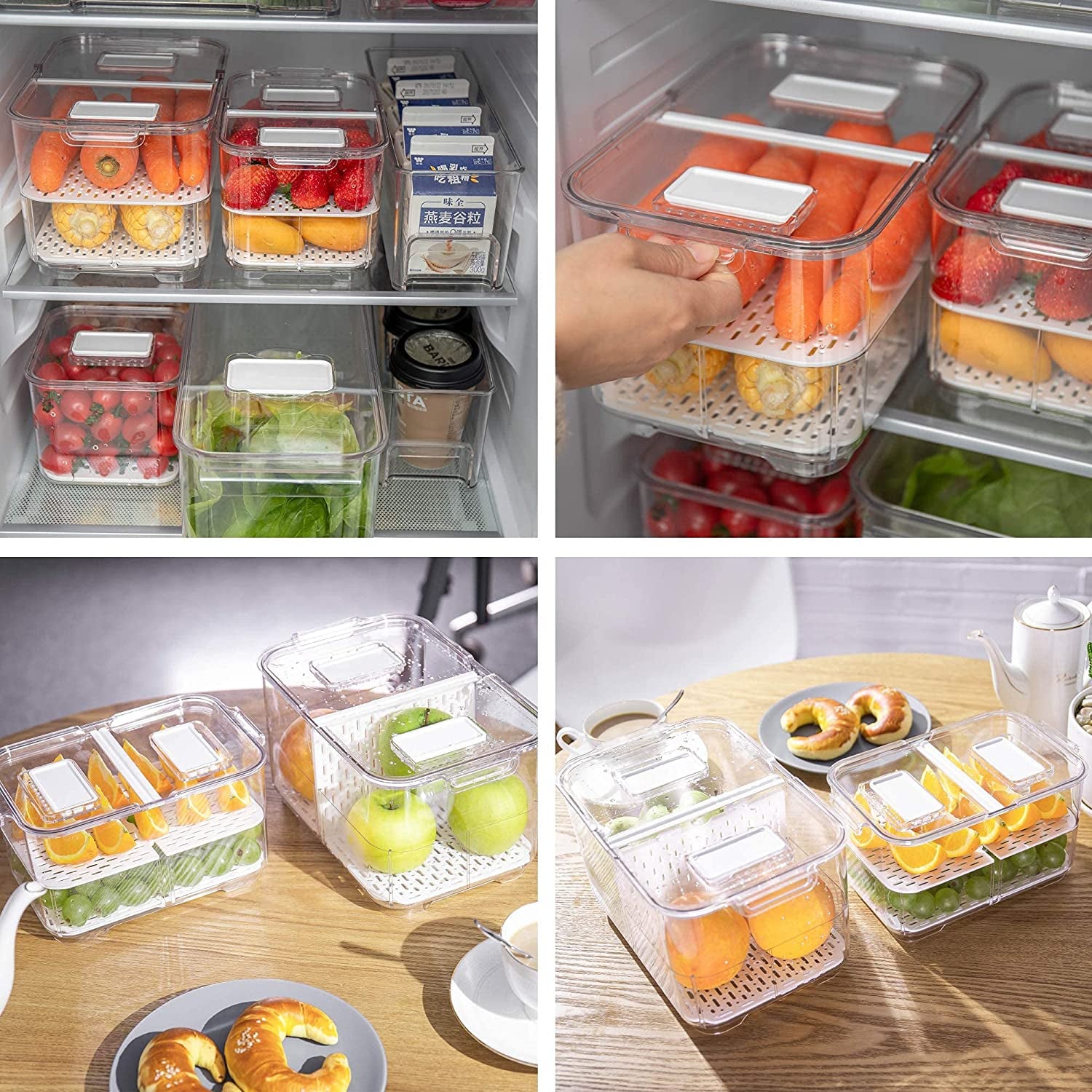 Produce Saver with Folding Lids,2 Piece Fruit Vegetable Storage Container with Vents Stackable Fridge Drawers Organizer Salad Lettuce Keeper for Refrigerator,Bpa-Free Fresh Keeper,5.7L&2.8L