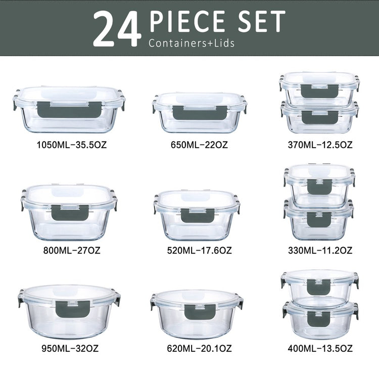 Glass Food Storage Containers with Lids, 24-Piece Glass Meal Prep Containers Set - Airtight Lunch Containers, Microwave, Oven, Freezer and Dishwasher Friendly