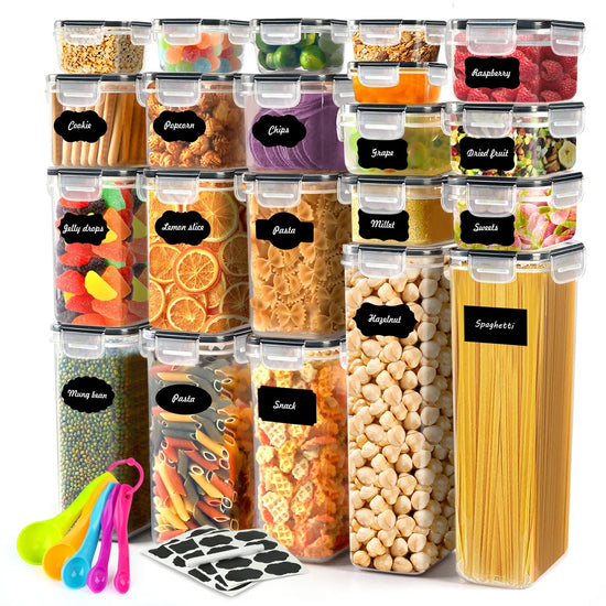 Airtight Food Storage Container Set, 21 Pcs Food Canisters for Kitchen, Pantry Organization and Storage, Plastic Cereal Container with Easy Lock Lids, Labels, Marker & Spoon Set