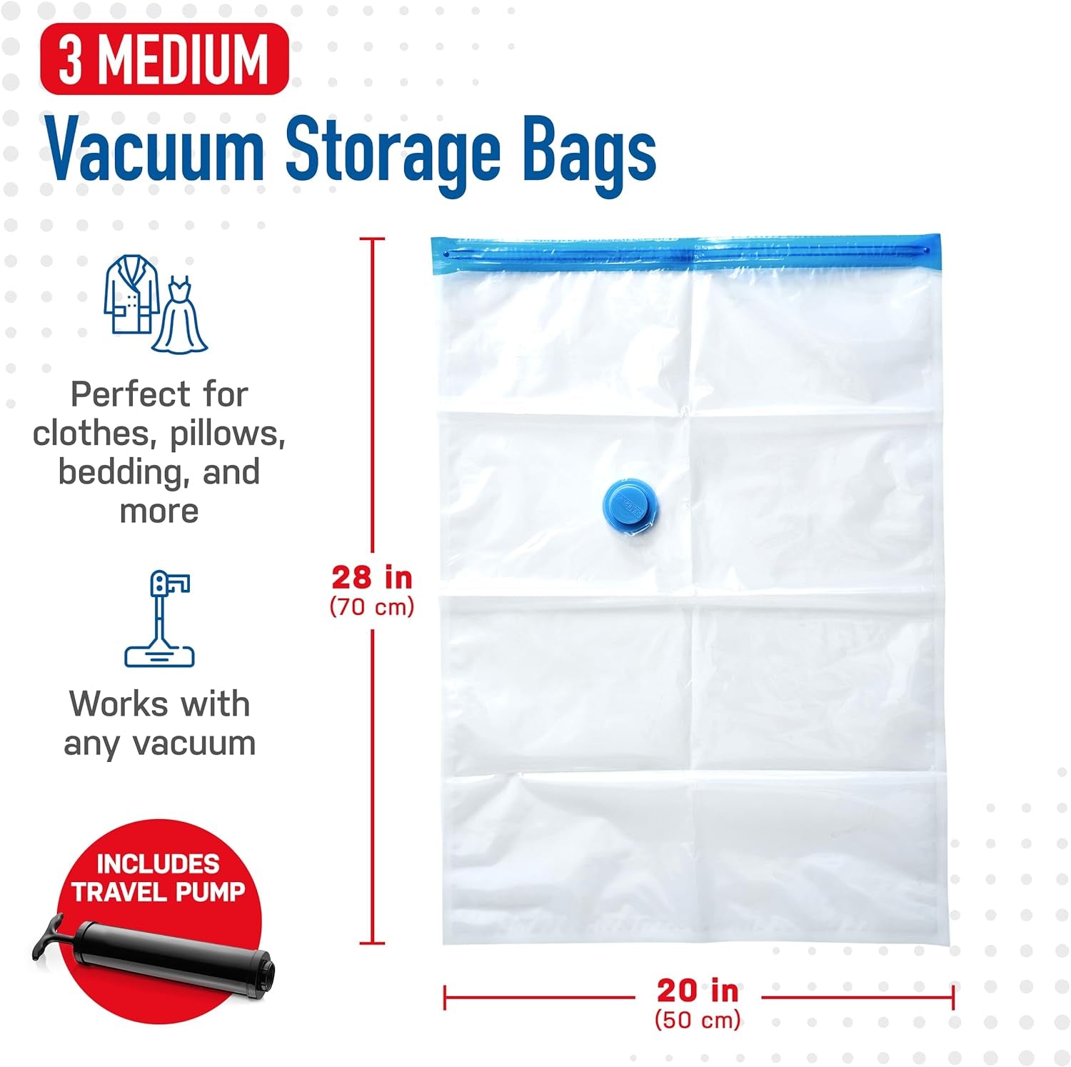 Vacuum Storage Bags - Clothes Storage Bag Vacuum Pack - Space Saver Vacuum Storage Bags for Clothes Storage, Vacuum Bags for Bedding - Vacuum Bags for Clothes - with Pump (MEDIUM 3-Pack)