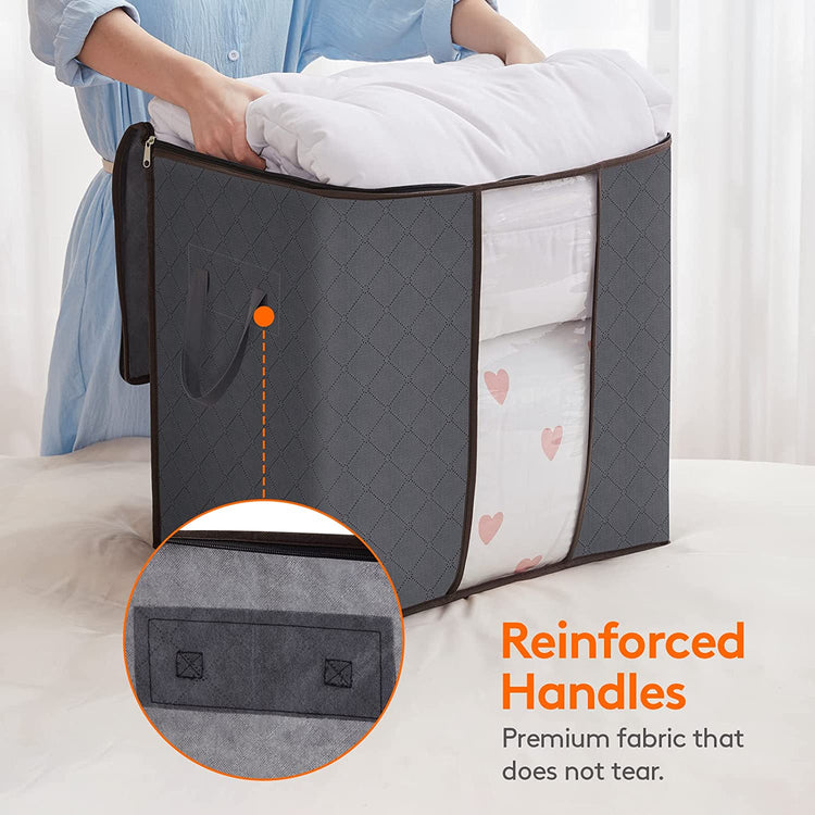 Clothes Storage Bag 90L Large Capacity Organizer with Reinforced Handle Thick Fabric for Comforters, Blankets, Bedding, Foldable with Sturdy Zipper, Clear Window, 3 Pack, Grey