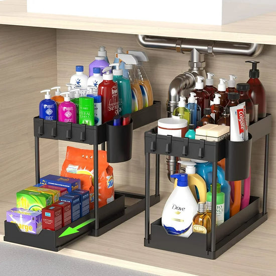 2-Pack under Sink Organizer, 2 Tier Multi-Purpose Large Capacity Kitchen under Sink Organizers and Storage Easy Access Sliding Storage Drawer with Hooks and Hanging Cup for Bathroom under Sink