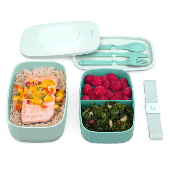 Classic - All-In-One Stackable Bento Lunch Box Container - Modern Bento-Style Design Includes 2 Stackable Containers, Built-In Plastic Utensil Set, and Nylon Sealing Strap (Coastal Aqua)