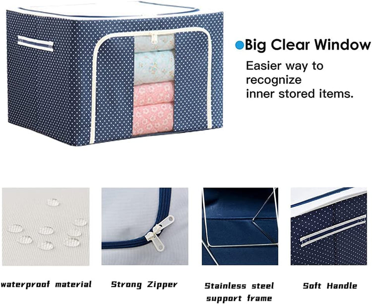 Clothes Storage Bag 100L Large Capacity Organizer with Reinforced Handle Thick Fabric for Comforters, Iron Bracket,Blankets, Bedding, Foldable with Sturdy Zipper, Clear Window,Blue (100L, 3 Pack)