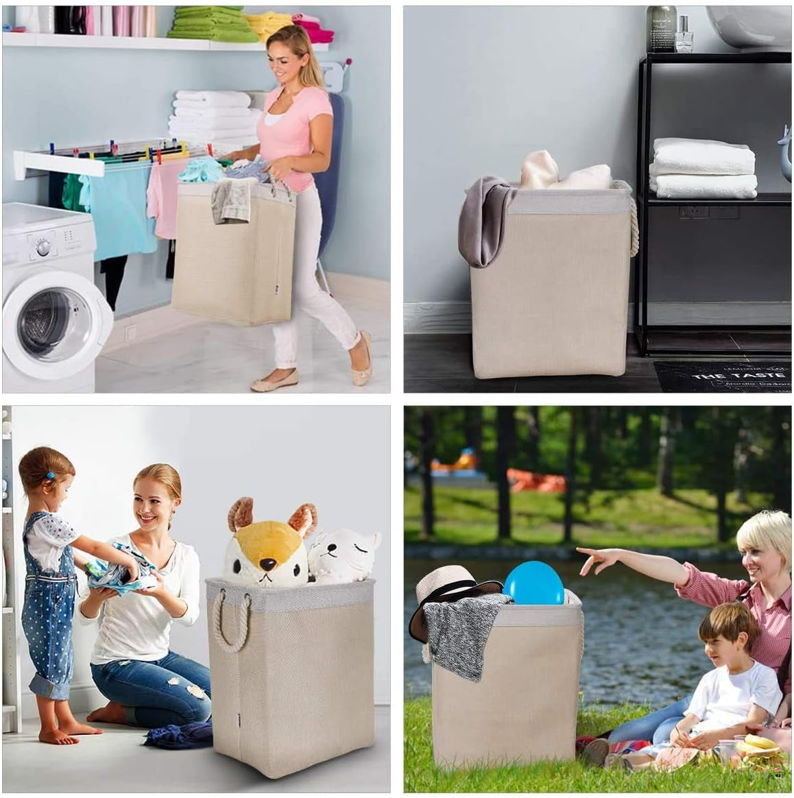 Laundry Basket with Handles & Brackets Small/Large/Tall Hamper for Kid Girl Collapsible Washing Bin Built-In Lining for Bedroom Dorm Toy Clothing Storage (Beige-2Pack, 65L(19.6&
