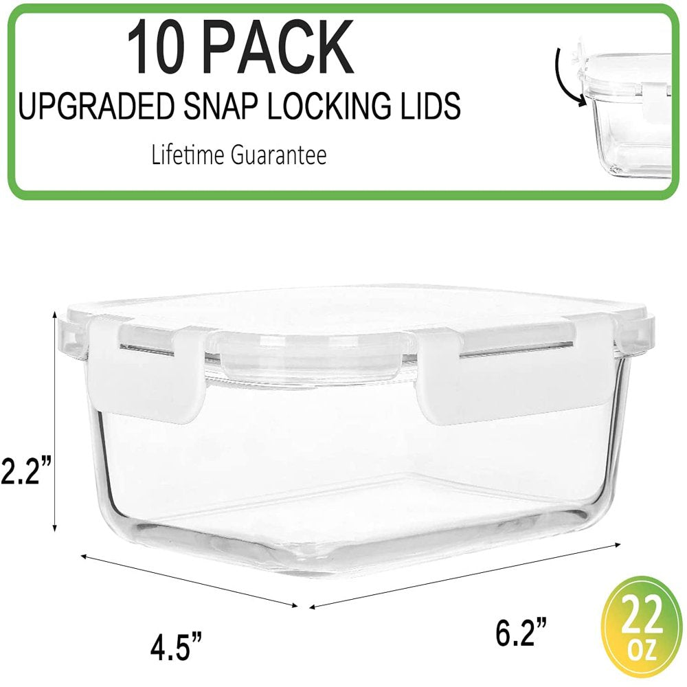 10-Pack 22 Oz, Glass Meal Prep Containers, Glass Food Storage Containers with Lids, Glass Lunch Containers, Microwave, Oven, Freezer and Dishwasher