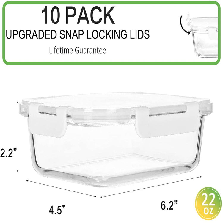 10-Pack 22 Oz, Glass Meal Prep Containers, Glass Food Storage Containers with Lids, Glass Lunch Containers, Microwave, Oven, Freezer and Dishwasher