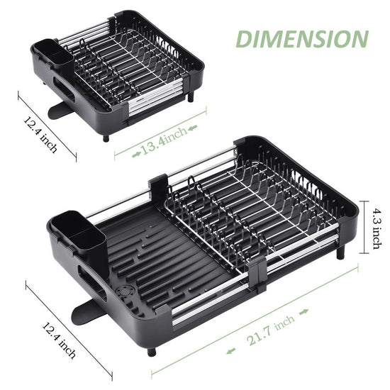 Extendable Dish Rack, Stainless Steel Dish Drying Rack for Kitchen Counter, Space Saver for Smaller Household, Black