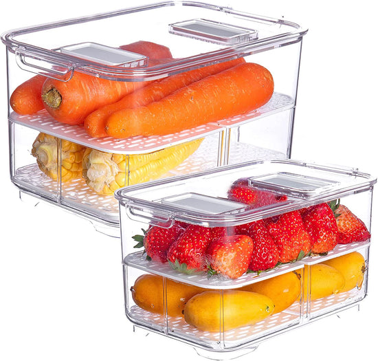 Produce Saver with Lids, 2 Piece Fruit Vegetable Storage Container with Vents Stackable Fridge Drawers Organizer Salad Lettuce Keeper for Refrigerator,Bpa-Free Fresh Keeper,5.7L&2.8L