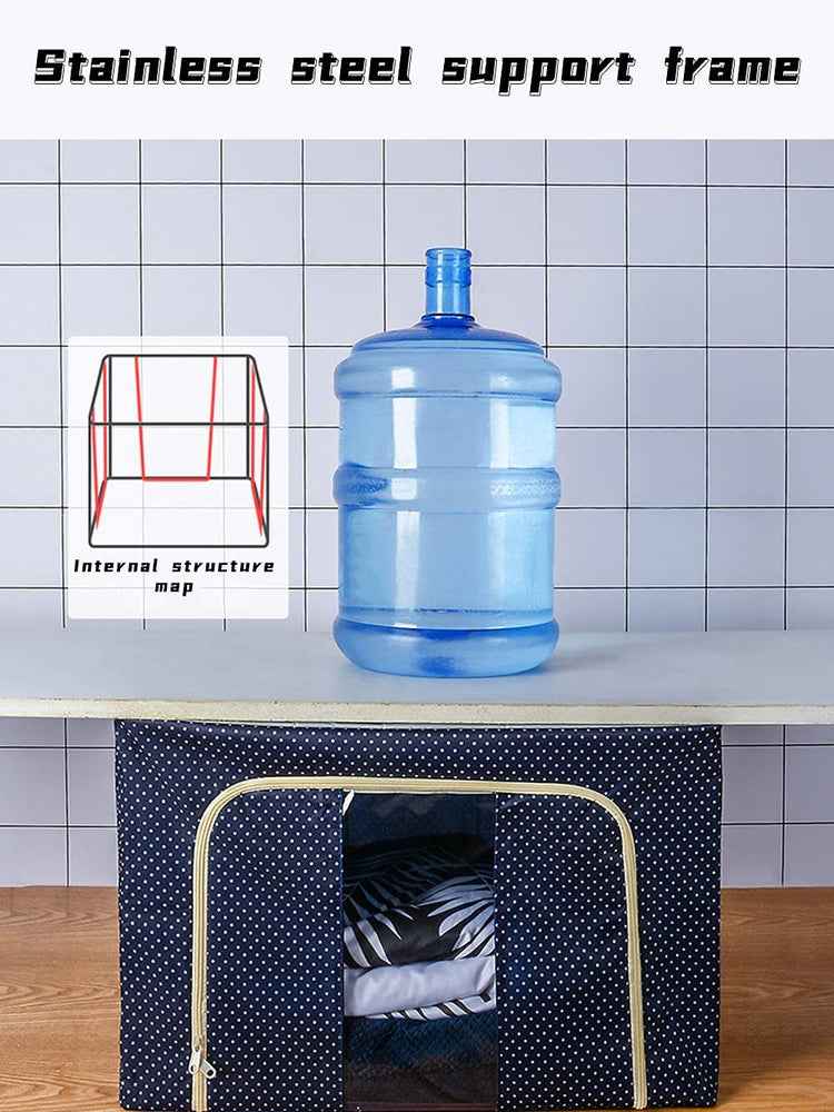 Clothes Storage Bag 100L Large Capacity Organizer with Reinforced Handle Thick Fabric for Comforters, Iron Bracket,Blankets, Bedding, Foldable with Sturdy Zipper, Clear Window,Blue (100L, 3 Pack)