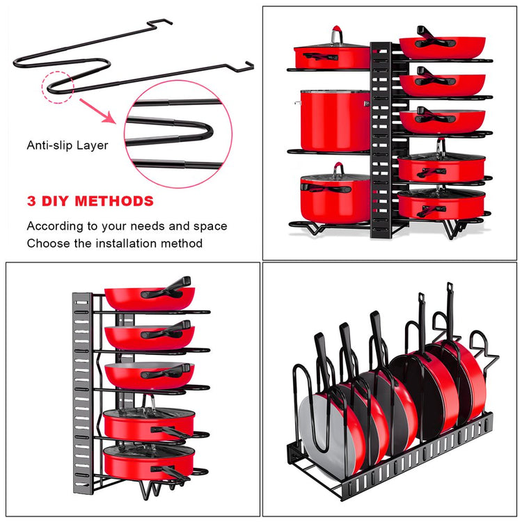 Pot Rack Organizer 8-Tier Pot and Pan Organizer with 4 Hooks Suitable for Kitchen, Black