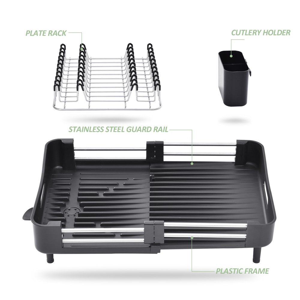 Extendable Dish Rack, Stainless Steel Dish Drying Rack for Kitchen Counter, Space Saver for Smaller Household, Black