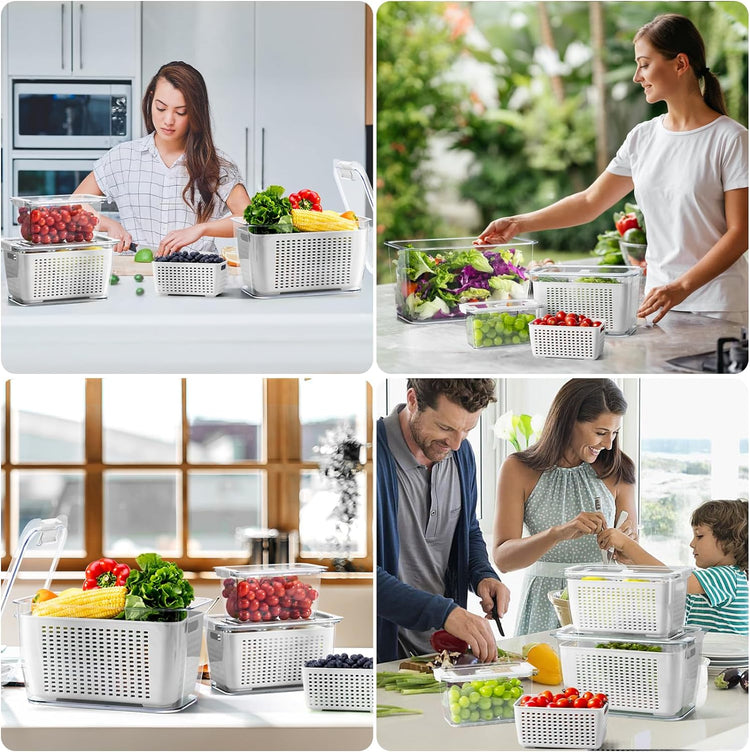 Fresh Container, 3PACK Produce Saver Container BPA Free Fridge Organizer for Vegetable Fruit and Salad Partitioned Food Storage Container with Vents Stay Fresh Containers Not Dishwashers Safe