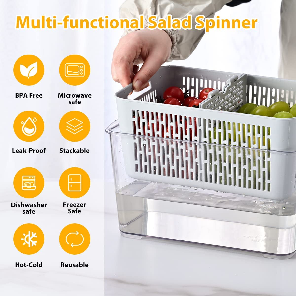 3 Pack Storage Containers for Refrigerator with 40 Pcs Reusable Food Storage Bags, Plastic Produce Saver Storage Containers, Draining Crisper with Strainers for Meat Fruit Veggies (Gray-B)