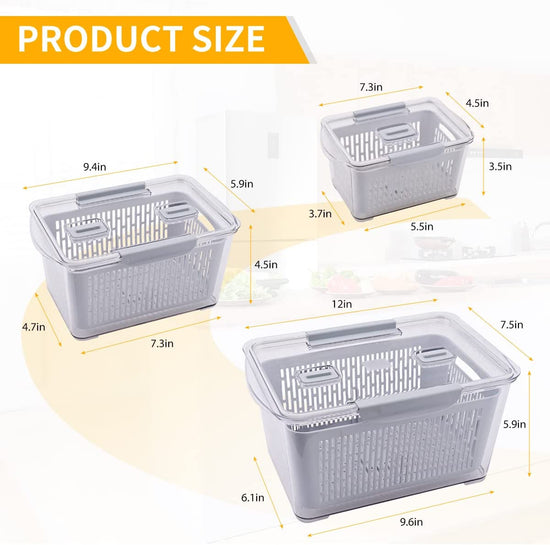 3 Pack Storage Containers for Refrigerator with 40 Pcs Reusable Food Storage Bags, Plastic Produce Saver Storage Containers, Draining Crisper with Strainers for Meat Fruit Veggies (Gray-B)